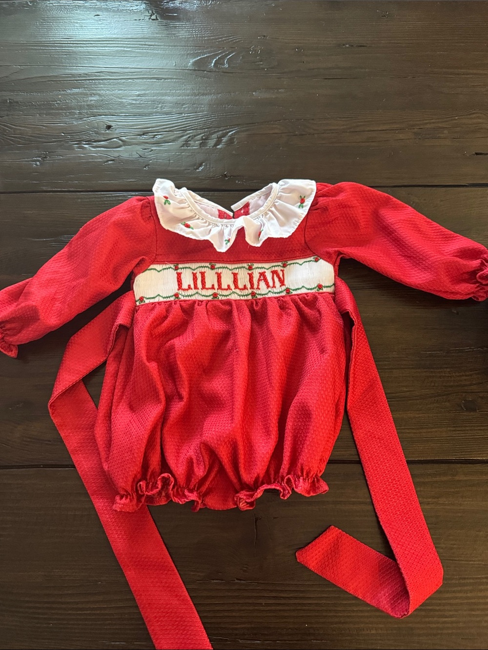 Misprint “Lillian” extra L  Red Baby Bubble with Ruffled Collar - "LILLIAN"